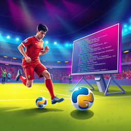 A vibrant and imaginative illustration depicting the fusion of football and Python programming