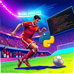 A vibrant and imaginative illustration depicting the fusion of football and Python programming