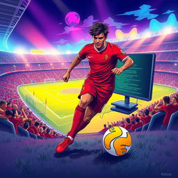 A vibrant and imaginative illustration depicting the fusion of football and Python programming