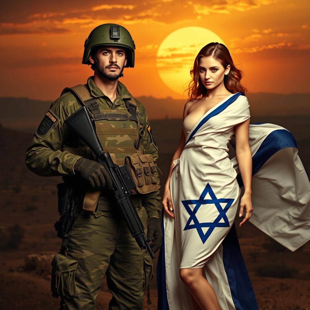 A surreal and provocative artistic scene featuring a soldier representing the Palestinian army, adorned in military fatigues, standing confidently with a backdrop of an abstract landscape