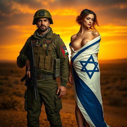 A surreal and provocative artistic scene featuring a soldier representing the Palestinian army, adorned in military fatigues, standing confidently with a backdrop of an abstract landscape