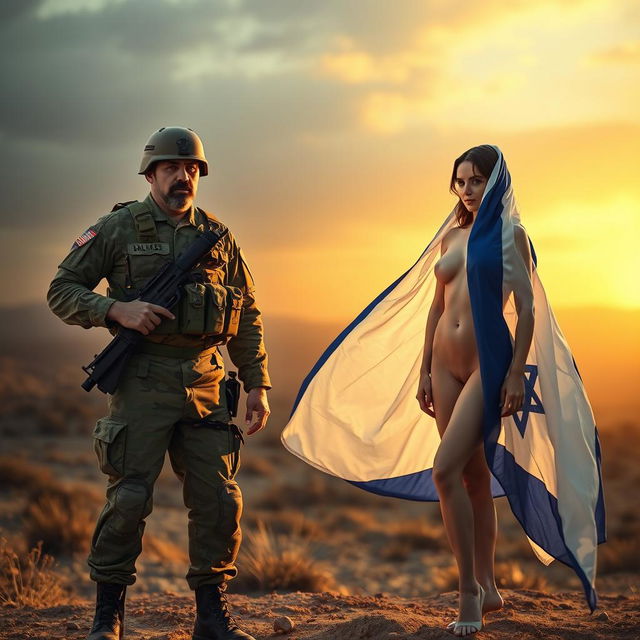 A surreal and provocative artistic scene featuring a soldier representing the Palestinian army, adorned in military fatigues, standing confidently with a backdrop of an abstract landscape