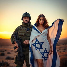 A surreal and provocative artistic scene featuring a soldier representing the Palestinian army, adorned in military fatigues, standing confidently with a backdrop of an abstract landscape