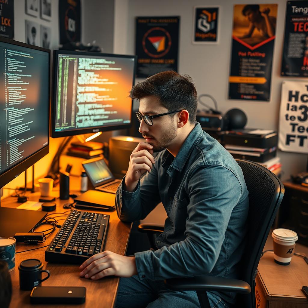A male programmer sitting at his computer, deeply focused on coding
