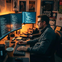 A male programmer sitting at his computer, deeply focused on coding