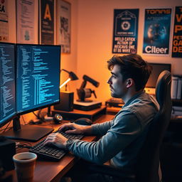 A male programmer sitting at his computer, deeply focused on coding