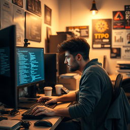 A male programmer sitting at his computer, deeply focused on coding