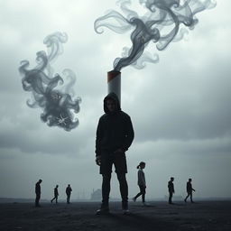 A visually striking and metaphorical representation of a cigarette symbolizing destruction, featuring a dark and haunting landscape where teenagers are depicted in shadowy forms, representing their struggles with addiction and the impact on their lives