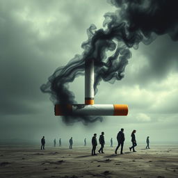 A visually striking and metaphorical representation of a cigarette symbolizing destruction, featuring a dark and haunting landscape where teenagers are depicted in shadowy forms, representing their struggles with addiction and the impact on their lives