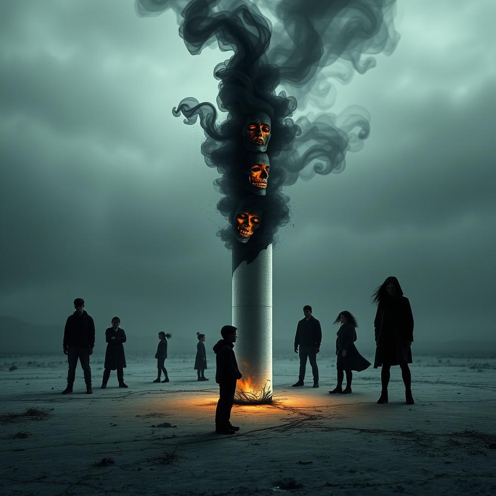 A visually striking and metaphorical representation of a cigarette symbolizing destruction, featuring a dark and haunting landscape where teenagers are depicted in shadowy forms, representing their struggles with addiction and the impact on their lives