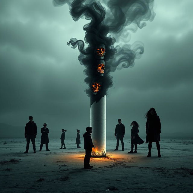 A visually striking and metaphorical representation of a cigarette symbolizing destruction, featuring a dark and haunting landscape where teenagers are depicted in shadowy forms, representing their struggles with addiction and the impact on their lives