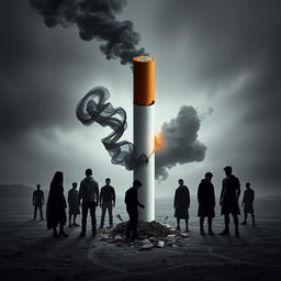 A visually striking and metaphorical representation of a cigarette symbolizing destruction, featuring a dark and haunting landscape where teenagers are depicted in shadowy forms, representing their struggles with addiction and the impact on their lives