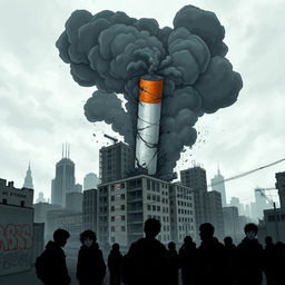 A dramatic urban scene depicting the devastating effects of a toxic cigarette, symbolizing destruction and chaos