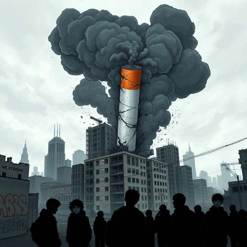 A dramatic urban scene depicting the devastating effects of a toxic cigarette, symbolizing destruction and chaos