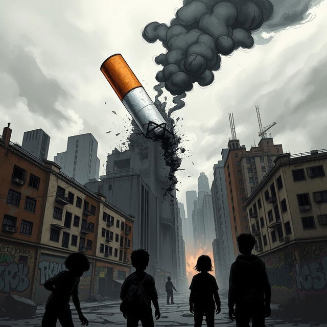 A dramatic urban scene depicting the devastating effects of a toxic cigarette, symbolizing destruction and chaos