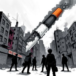 A dramatic urban scene depicting the devastating effects of a toxic cigarette, symbolizing destruction and chaos