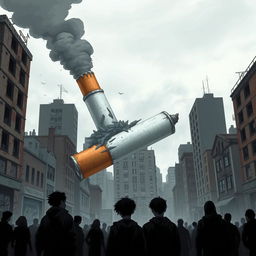 A dramatic urban scene depicting the devastating effects of a toxic cigarette, symbolizing destruction and chaos