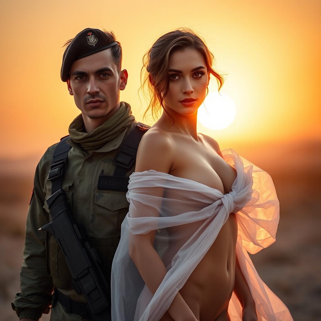 A captivating scene featuring a Palestinian soldier in military uniform, with a soft yet intense gaze, standing confidently