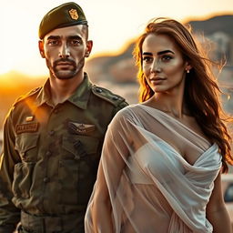 A captivating scene featuring a Palestinian soldier in military uniform, with a soft yet intense gaze, standing confidently