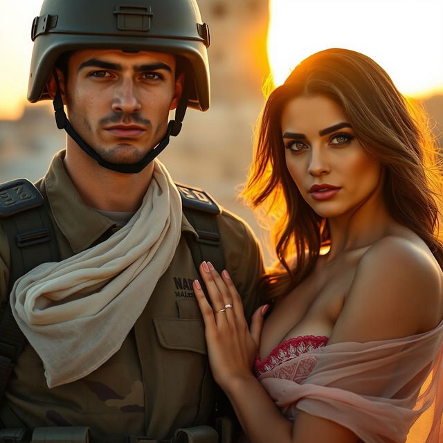 A captivating scene featuring a Palestinian soldier in military uniform, with a soft yet intense gaze, standing confidently