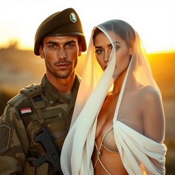 A captivating scene featuring a Palestinian soldier in military uniform, with a soft yet intense gaze, standing confidently