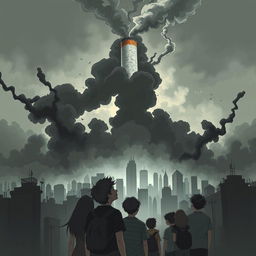 A powerful and dramatic illustration depicting a giant, menacing cigarette towering over a city, with clouds of shadowy smoke billowing out, darkening the sky and casting ominous silhouettes of buildings