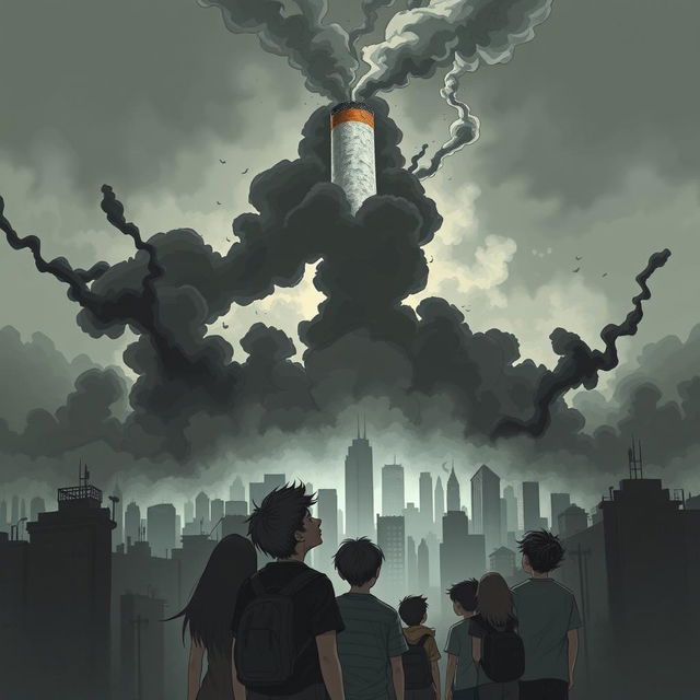 A powerful and dramatic illustration depicting a giant, menacing cigarette towering over a city, with clouds of shadowy smoke billowing out, darkening the sky and casting ominous silhouettes of buildings