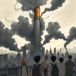 A powerful and dramatic illustration depicting a giant, menacing cigarette towering over a city, with clouds of shadowy smoke billowing out, darkening the sky and casting ominous silhouettes of buildings