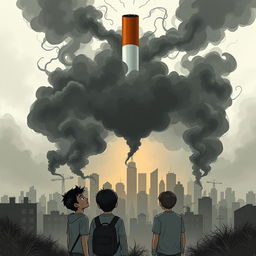 A powerful and dramatic illustration depicting a giant, menacing cigarette towering over a city, with clouds of shadowy smoke billowing out, darkening the sky and casting ominous silhouettes of buildings