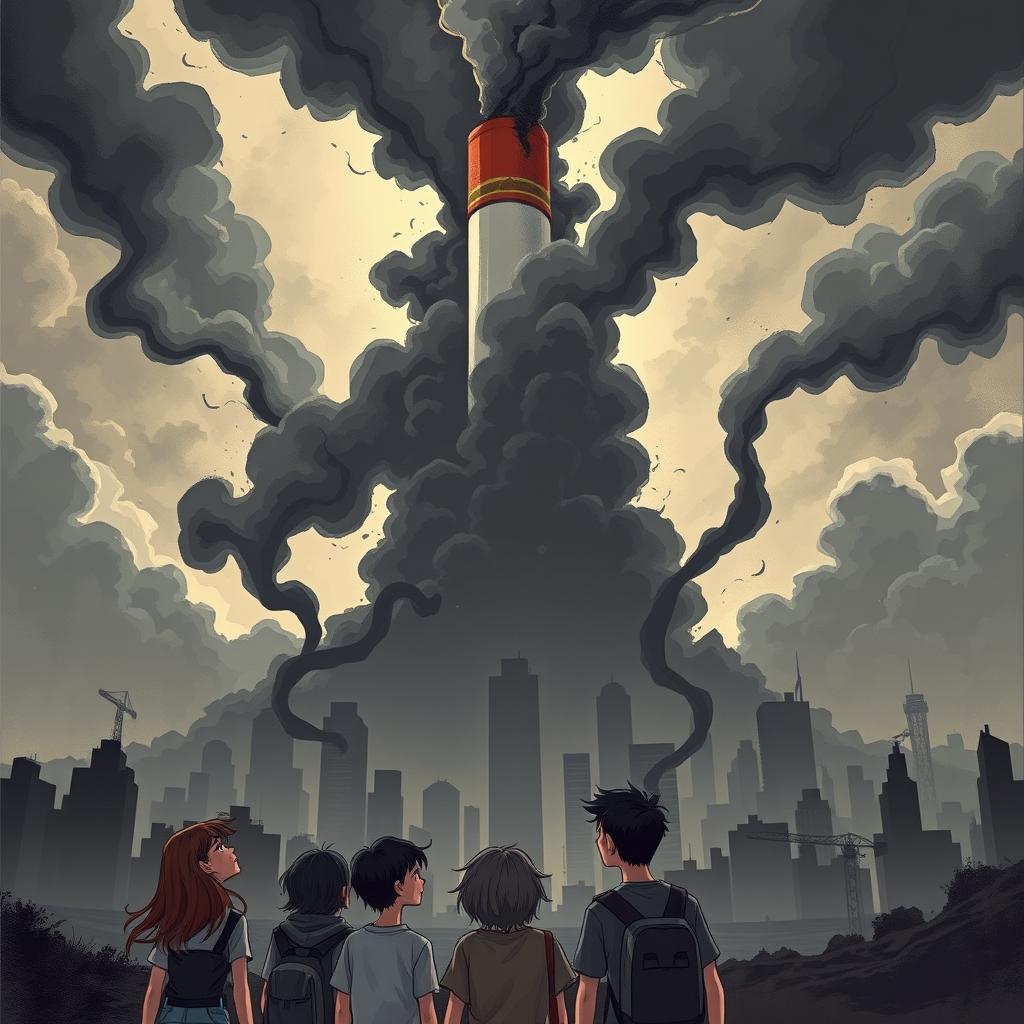 A powerful and dramatic illustration depicting a giant, menacing cigarette towering over a city, with clouds of shadowy smoke billowing out, darkening the sky and casting ominous silhouettes of buildings