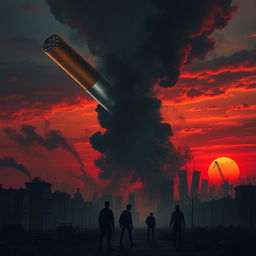 An ominous scene depicting a colossal cigarette looming over a city, releasing dark, toxic smoke that envelops the skyline