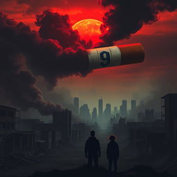 An ominous scene depicting a colossal cigarette looming over a city, releasing dark, toxic smoke that envelops the skyline