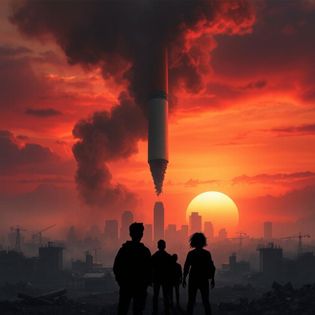 An ominous scene depicting a colossal cigarette looming over a city, releasing dark, toxic smoke that envelops the skyline