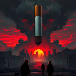 An ominous scene depicting a colossal cigarette looming over a city, releasing dark, toxic smoke that envelops the skyline