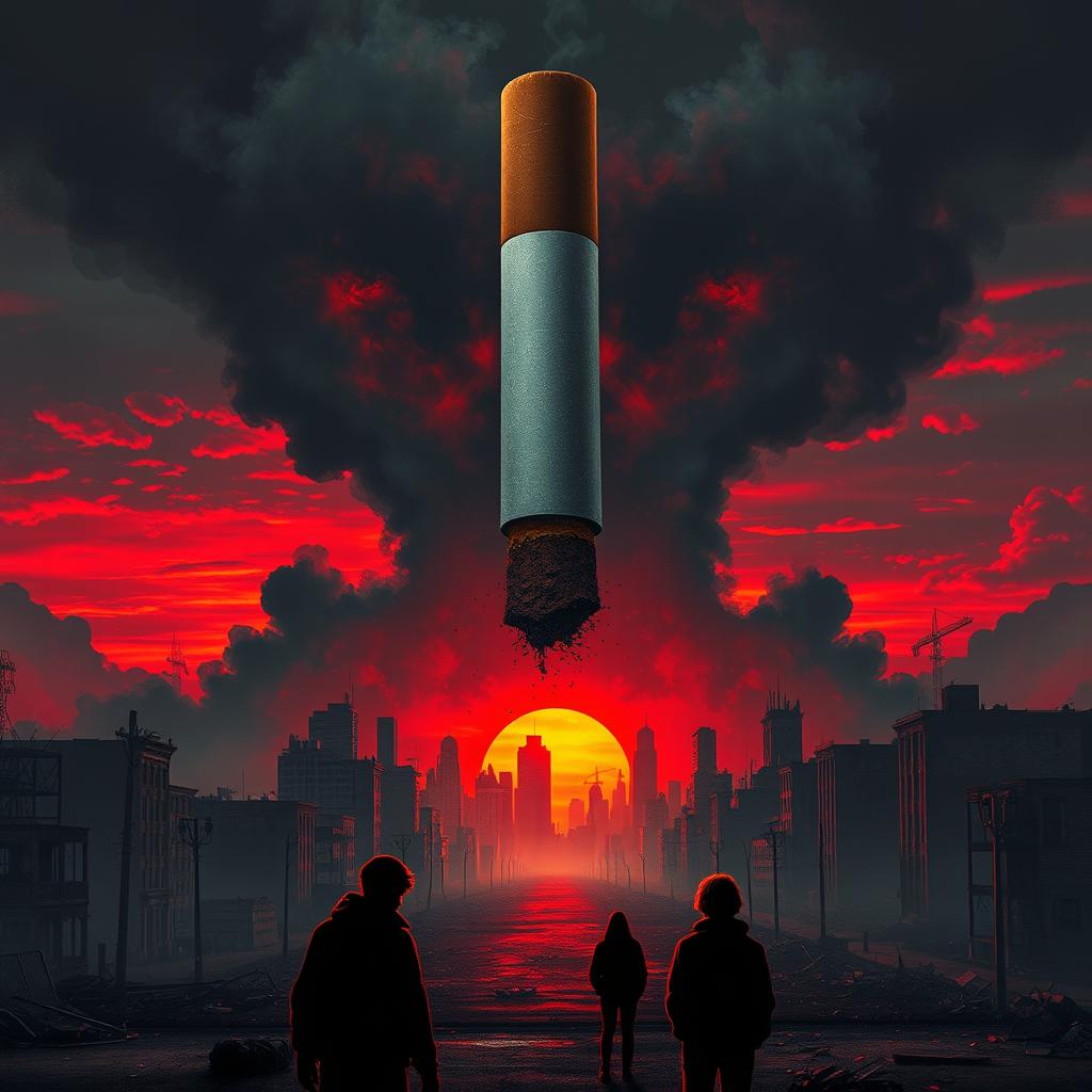 An ominous scene depicting a colossal cigarette looming over a city, releasing dark, toxic smoke that envelops the skyline