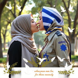 A tender moment between two young women, one wearing a hijab representing Palestine and the other in an Israeli army uniform