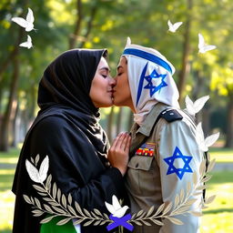 A tender moment between two young women, one wearing a hijab representing Palestine and the other in an Israeli army uniform
