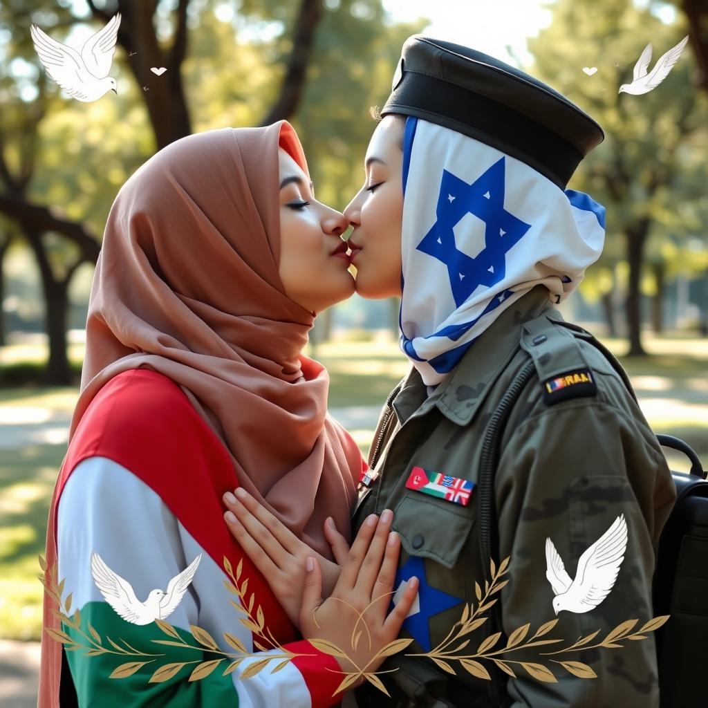 A tender moment between two young women, one wearing a hijab representing Palestine and the other in an Israeli army uniform