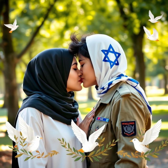 A tender moment between two young women, one wearing a hijab representing Palestine and the other in an Israeli army uniform