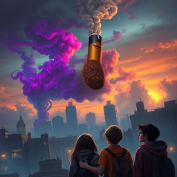 A dramatic scene depicting a surreal, gigantic cigarette that looms over a city, with vibrant smoke clouds swirling ominously in the air
