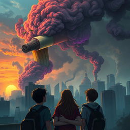 A dramatic scene depicting a surreal, gigantic cigarette that looms over a city, with vibrant smoke clouds swirling ominously in the air