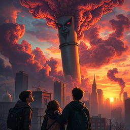 A dramatic scene depicting a surreal, gigantic cigarette that looms over a city, with vibrant smoke clouds swirling ominously in the air