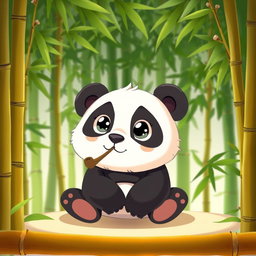 A cute, cartoonish panda sitting against a bamboo backdrop, leisurely smoking a pipe with a gentle expression