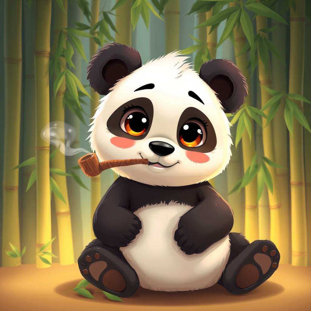 A cute, cartoonish panda sitting against a bamboo backdrop, leisurely smoking a pipe with a gentle expression