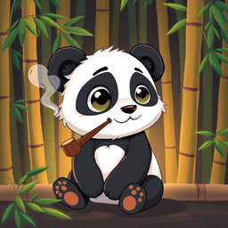A cute, cartoonish panda sitting against a bamboo backdrop, leisurely smoking a pipe with a gentle expression