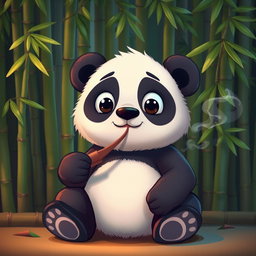 A cute, cartoonish panda sitting against a bamboo backdrop, leisurely smoking a pipe with a gentle expression
