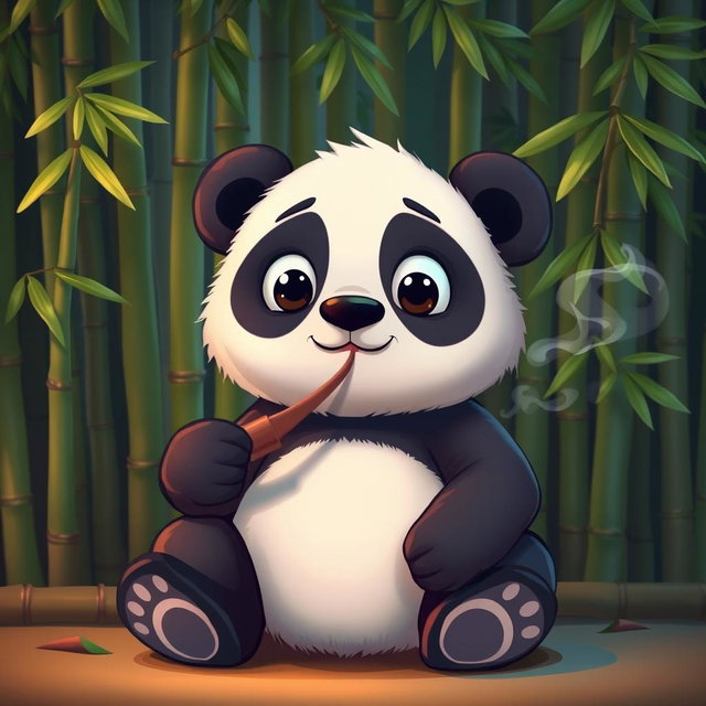 A cute, cartoonish panda sitting against a bamboo backdrop, leisurely smoking a pipe with a gentle expression