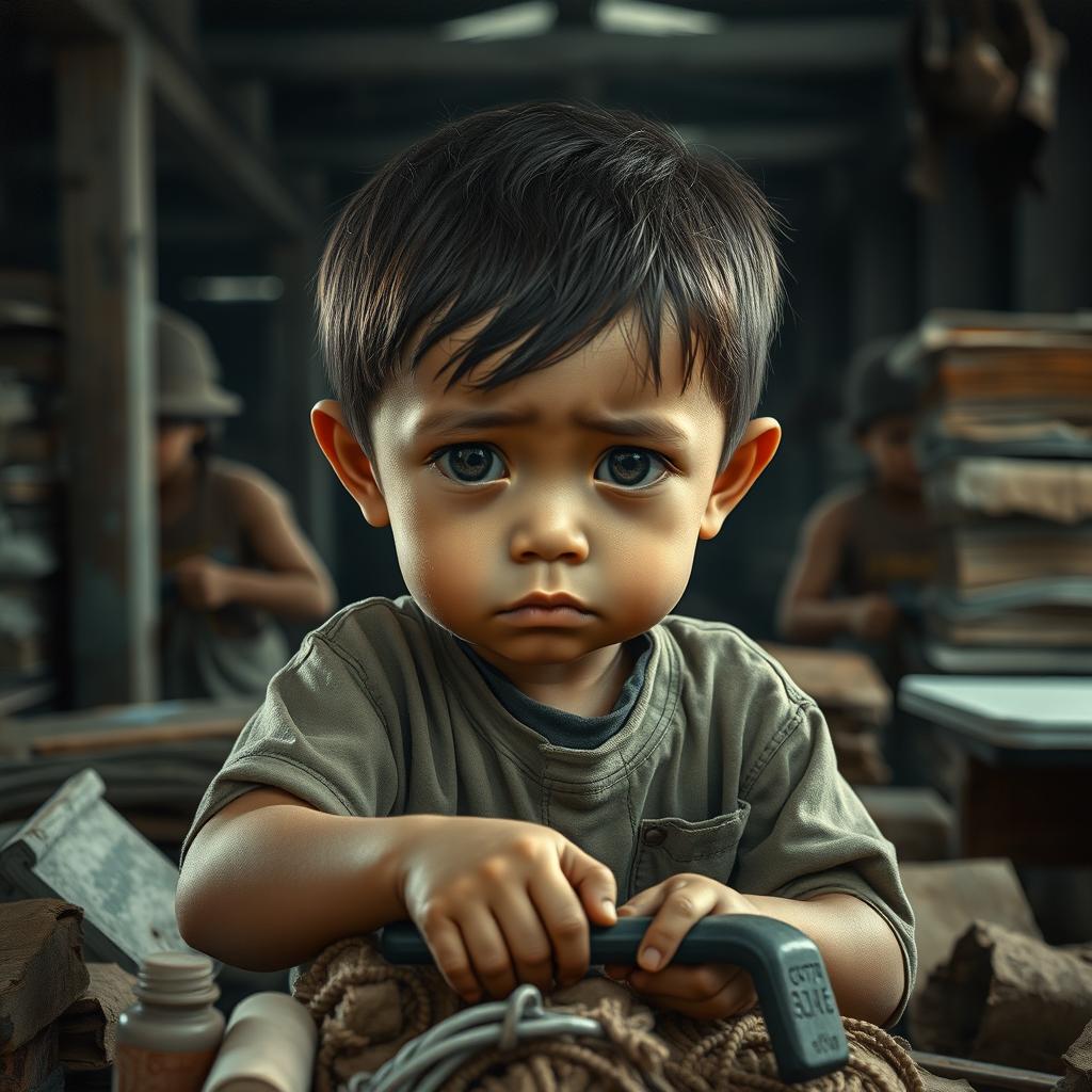 A representation of a sad child working industriously in a challenging environment, showcasing a mix of innocence and hardship
