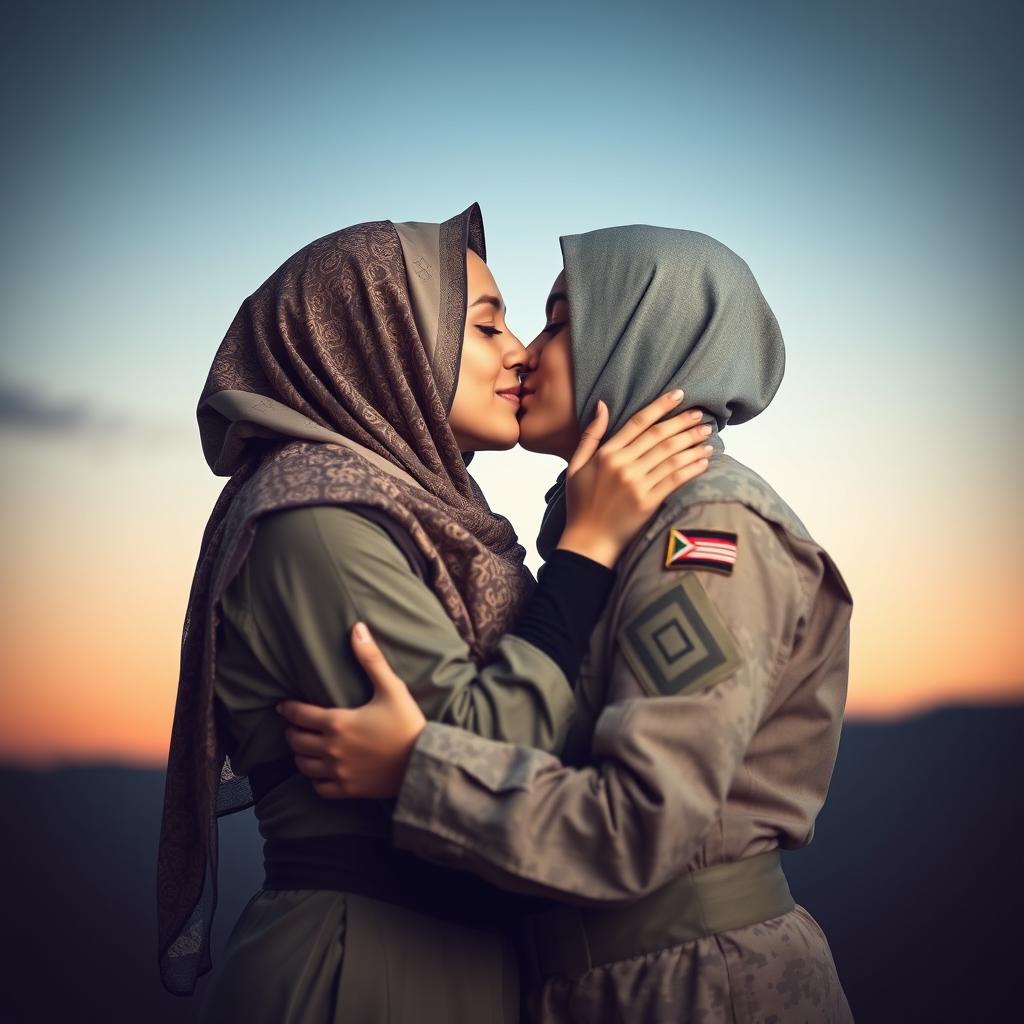A striking image of a Palestinian hijabi girl and an Israeli army girl sharing a tender kiss, embracing the beauty of unity and love amidst conflict