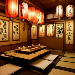 A quaint and cozy Japanese restaurant with warm lantern lighting illuminating an array of sushi plates, traditional tatami mats, and Japanese artwork adorning the walls.